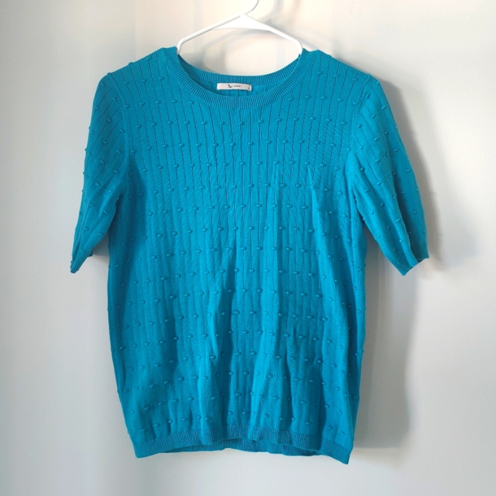 Tru bright blue shirt sleeve cotton blouse with raised detailing - S